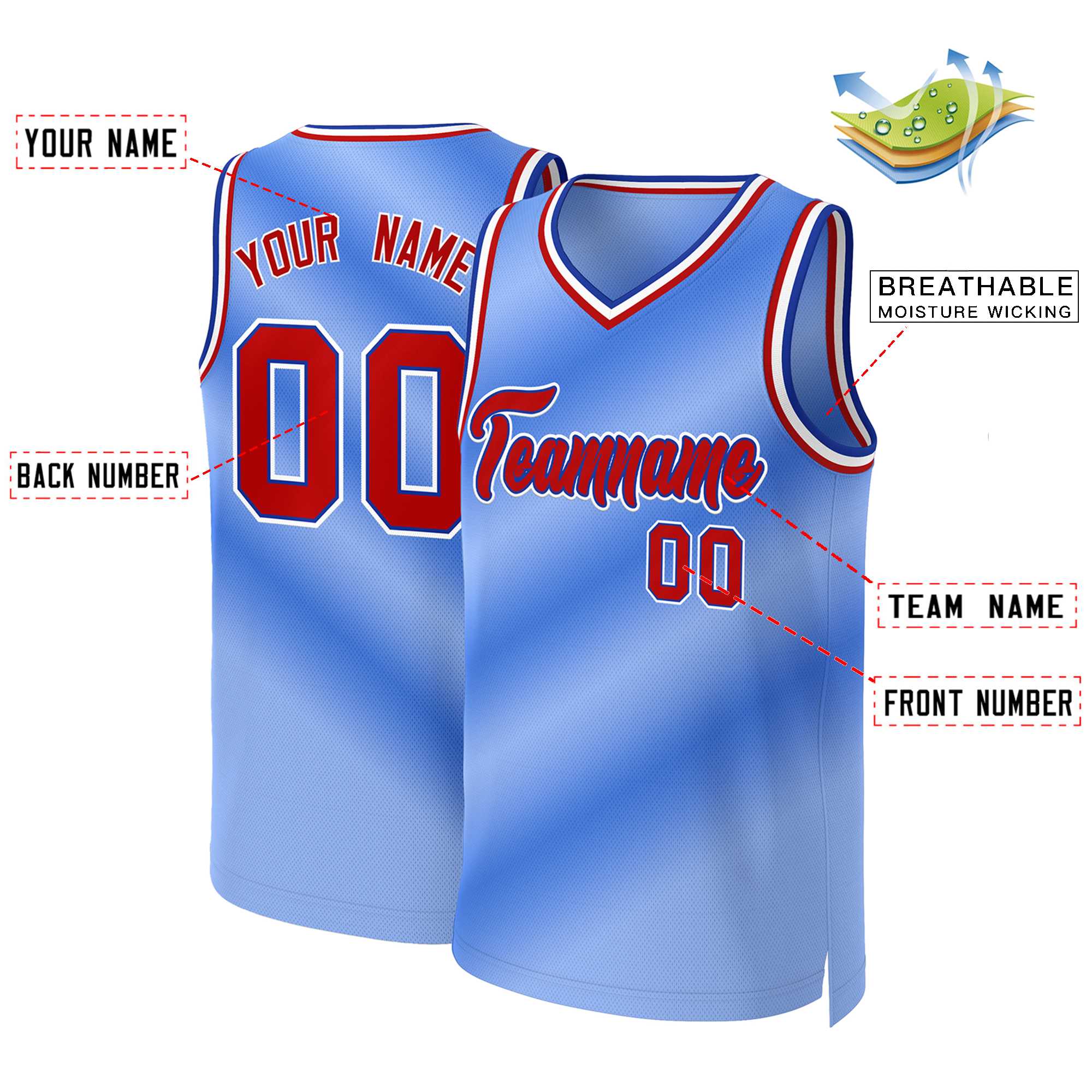 Maillot de basket-ball personnalisé dégradé bleu clair, rouge et bleu roi
