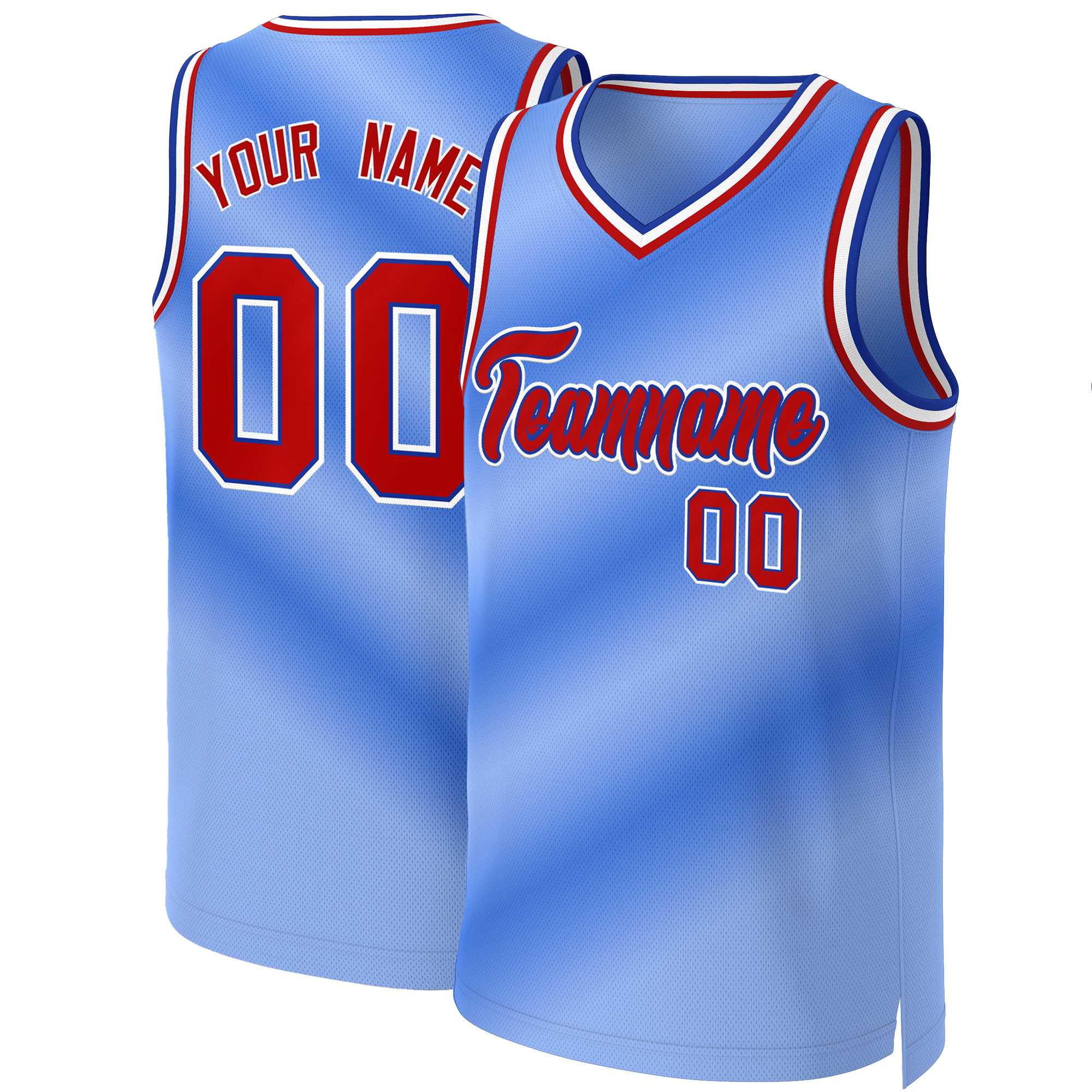 Maillot de basket-ball personnalisé dégradé bleu clair, rouge et bleu roi