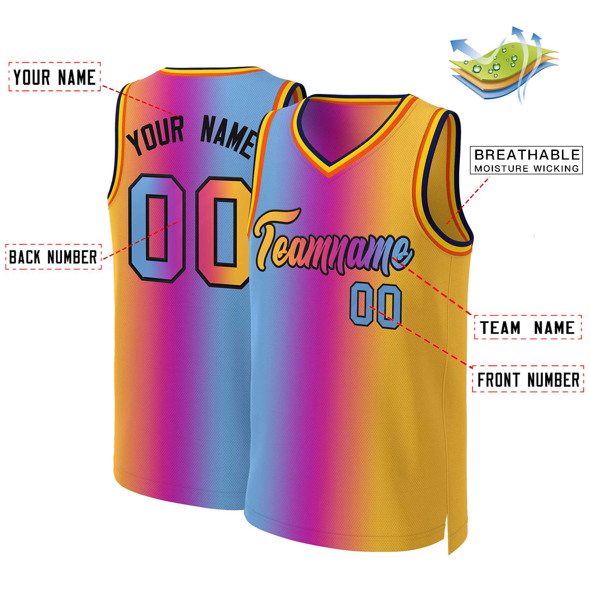 Maillot de basket-ball personnalisé dégradé rose jaune-noir