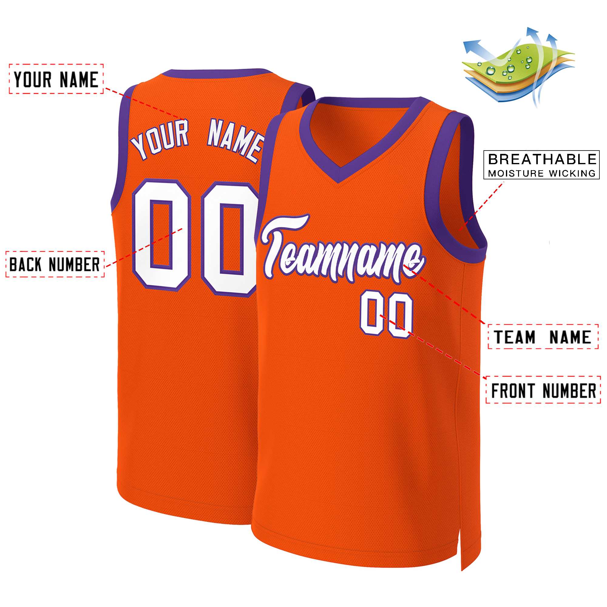 Benutzerdefinierte Orange Weiß-Lila Klassische Tops Basketball Jersey
