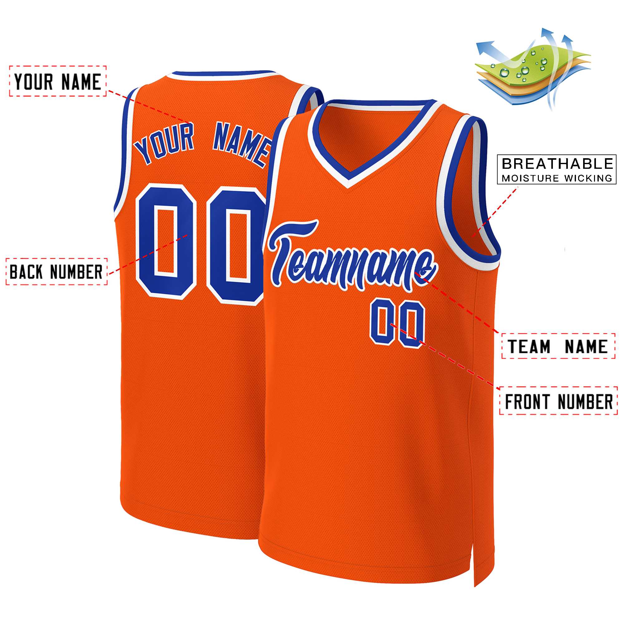Benutzerdefinierte Orange Royal-Weiß Classic Tops Basketball Jersey