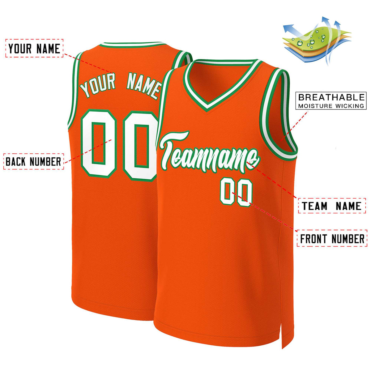 Benutzerdefinierte Orange Weiß-Kelly Grün Klassische Tops Basketball Jersey