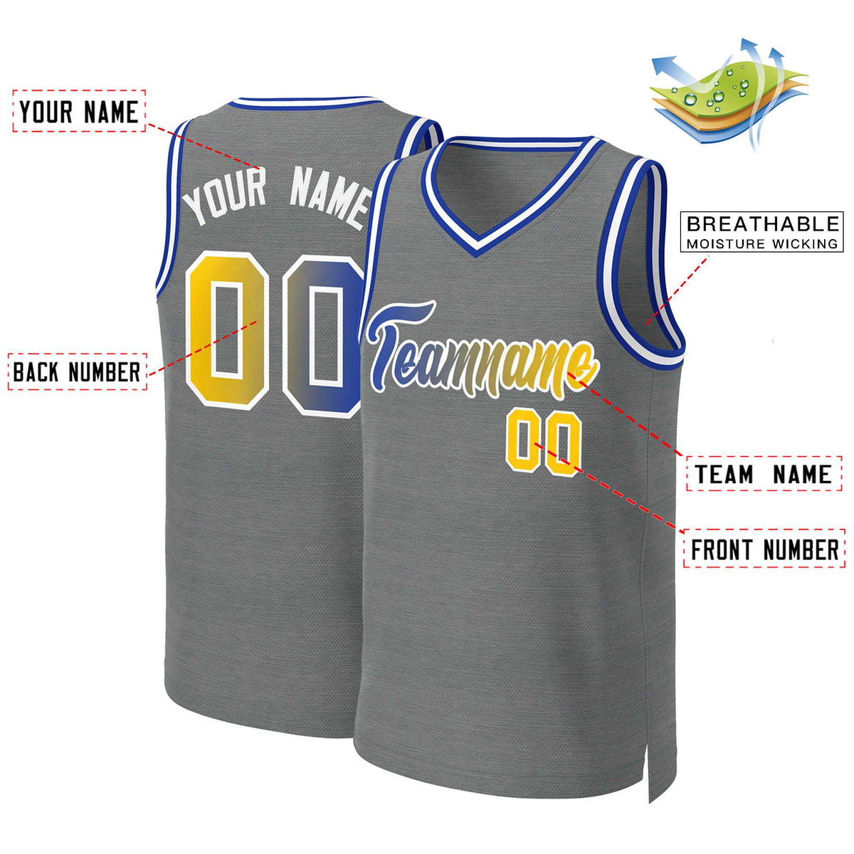 Benutzerdefinierte dunkelgrau Royal-weiß klassische Gradienten Mode Tops Basketball Jersey