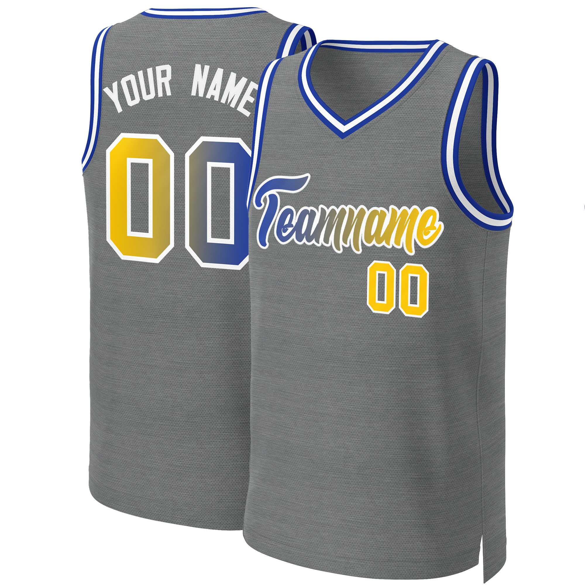 Maillot de basket-ball personnalisé gris foncé, bleu royal et blanc, dégradé classique, à la mode