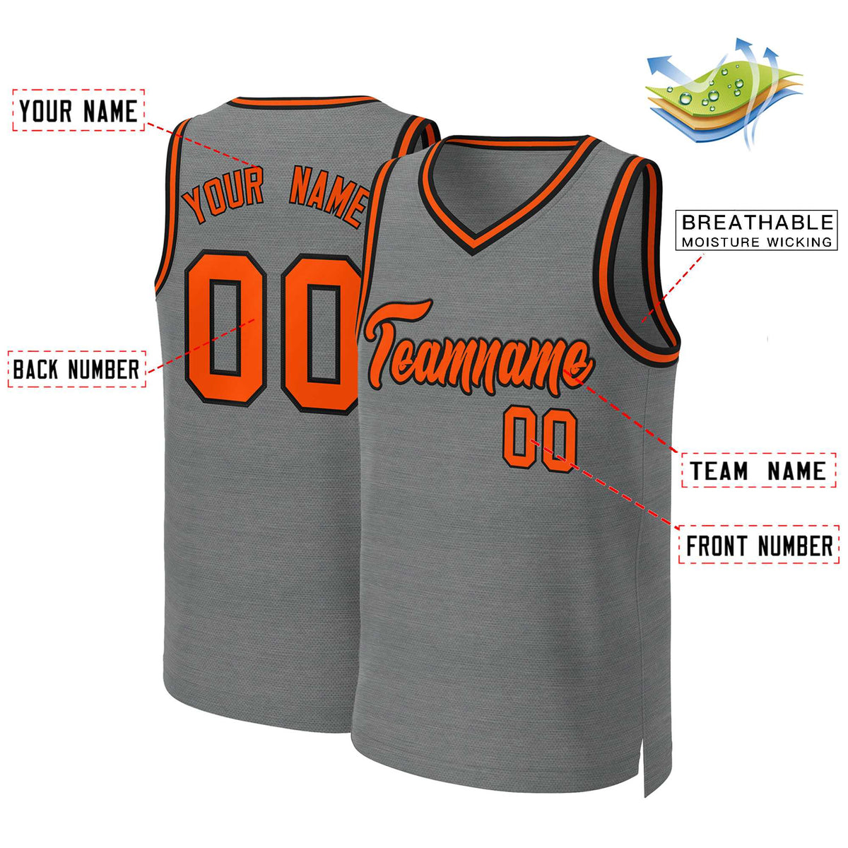 Benutzerdefinierte dunkelgrau orange-schwarz Classic Tops Basketball Jersey