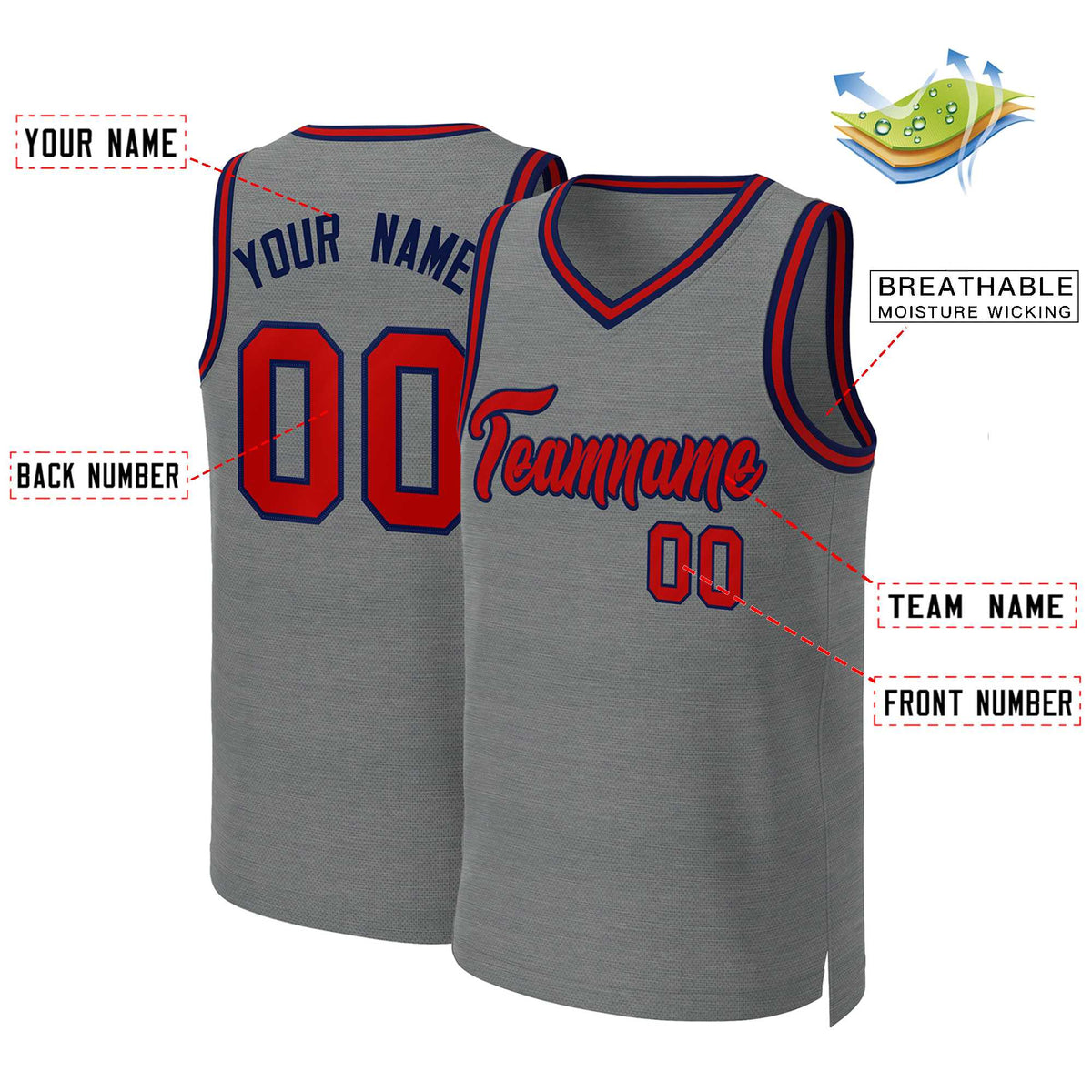 Benutzerdefinierte dunkelgrau rot-marineblau Classic Tops Basketball Jersey
