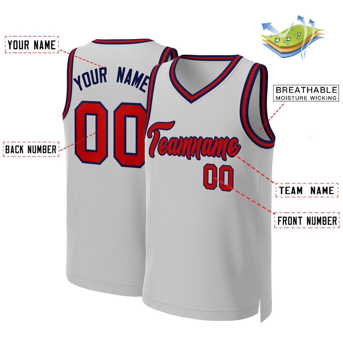 Maillot de basket-ball classique gris rouge-bleu marine personnalisé