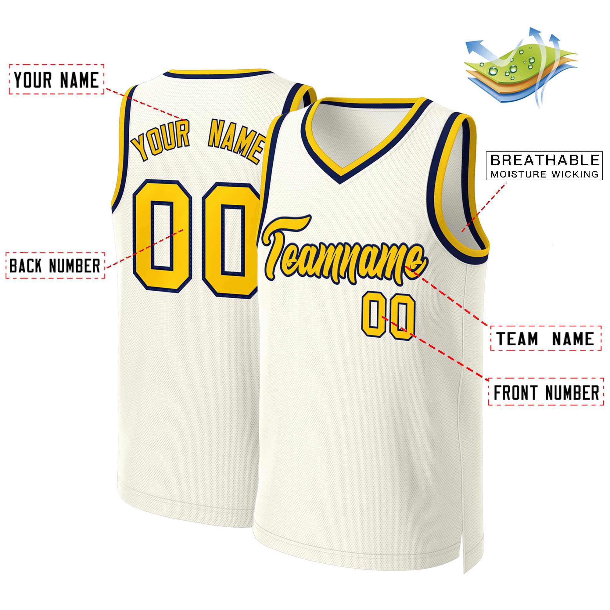Benutzerdefiniertes Khaki-Gelb-Marineblaues Classic Tops Basketballtrikot