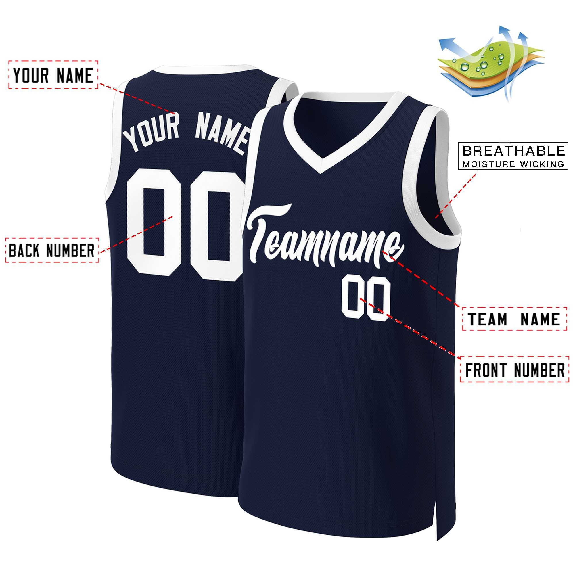 Maillot de basket-ball classique bleu marine et blanc personnalisé