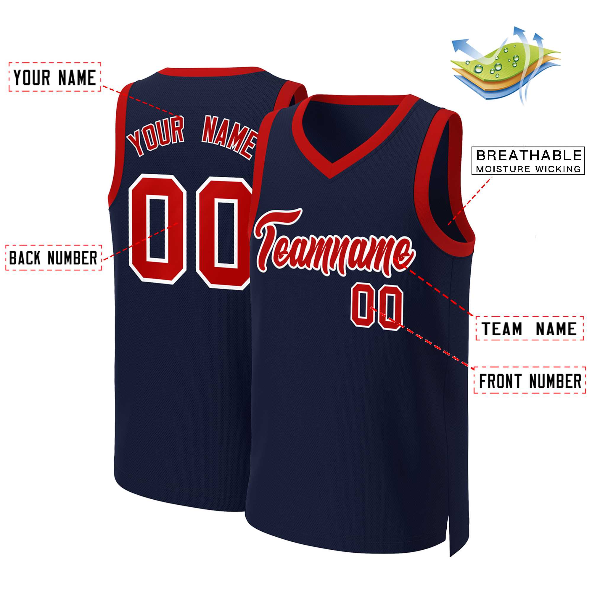 Maillot de basket-ball classique bleu marine rouge et blanc personnalisé