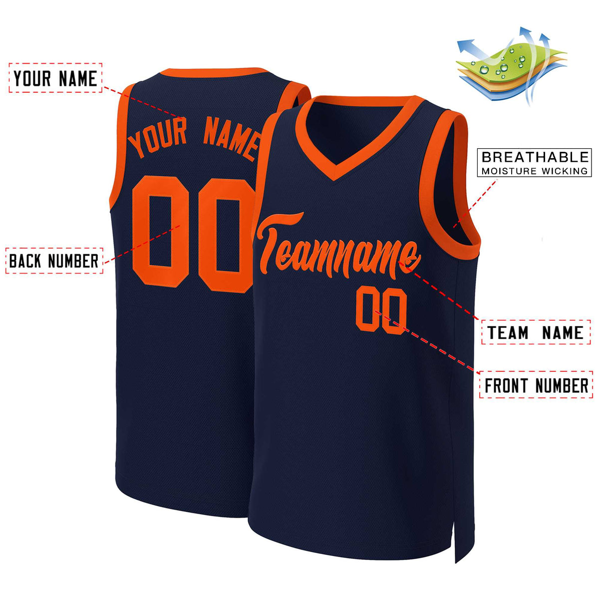 Maillot de basket-ball classique personnalisé bleu marine orange