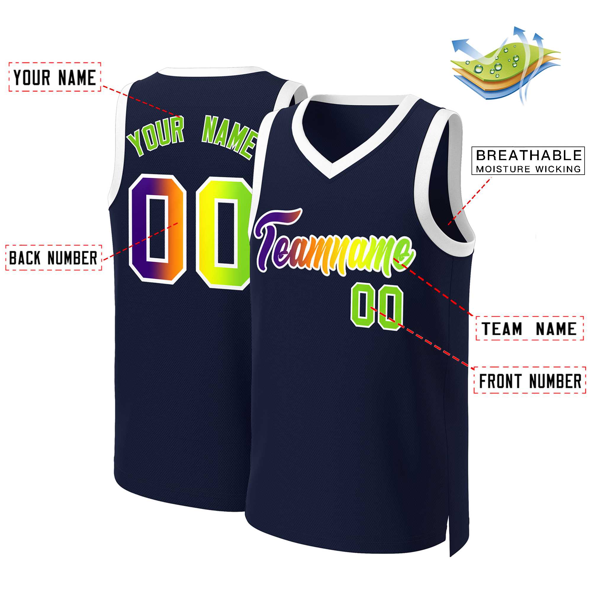 Maillot de basket-ball personnalisé bleu marine violet-blanc classique dégradé de mode