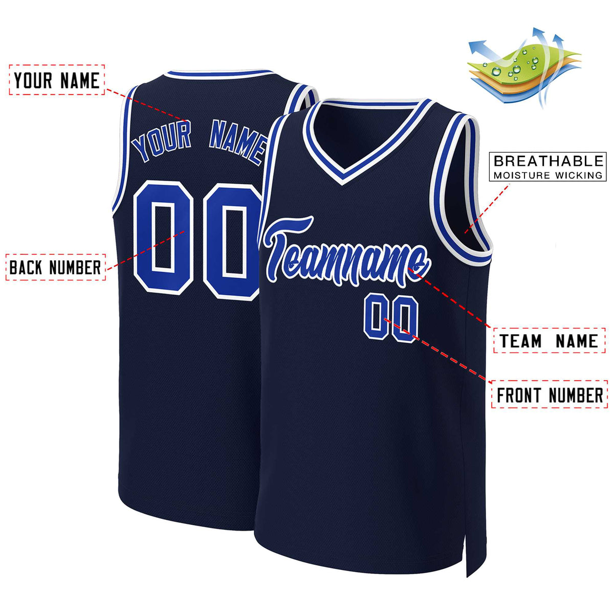 Maillot de basket-ball classique bleu marine, royal et blanc personnalisé