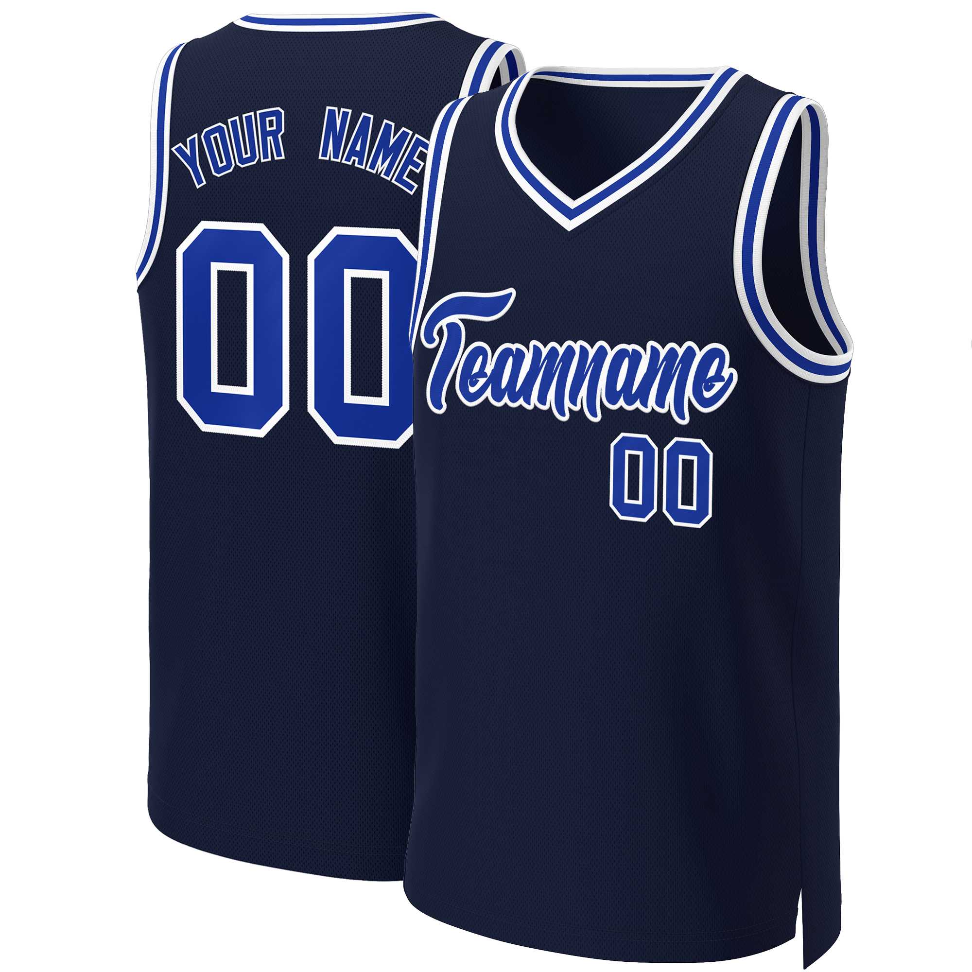 Maillot de basket-ball classique bleu marine, royal et blanc personnalisé