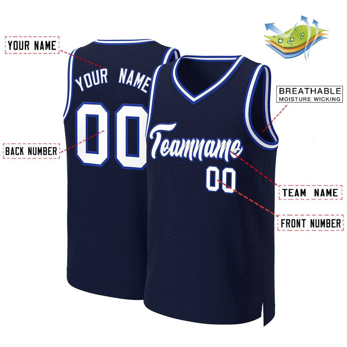 Maillot de basket-ball classique bleu marine, blanc et bleu roi personnalisé