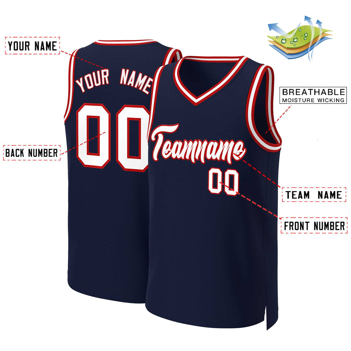 Maillot de basket-ball classique bleu marine, blanc et rouge personnalisé