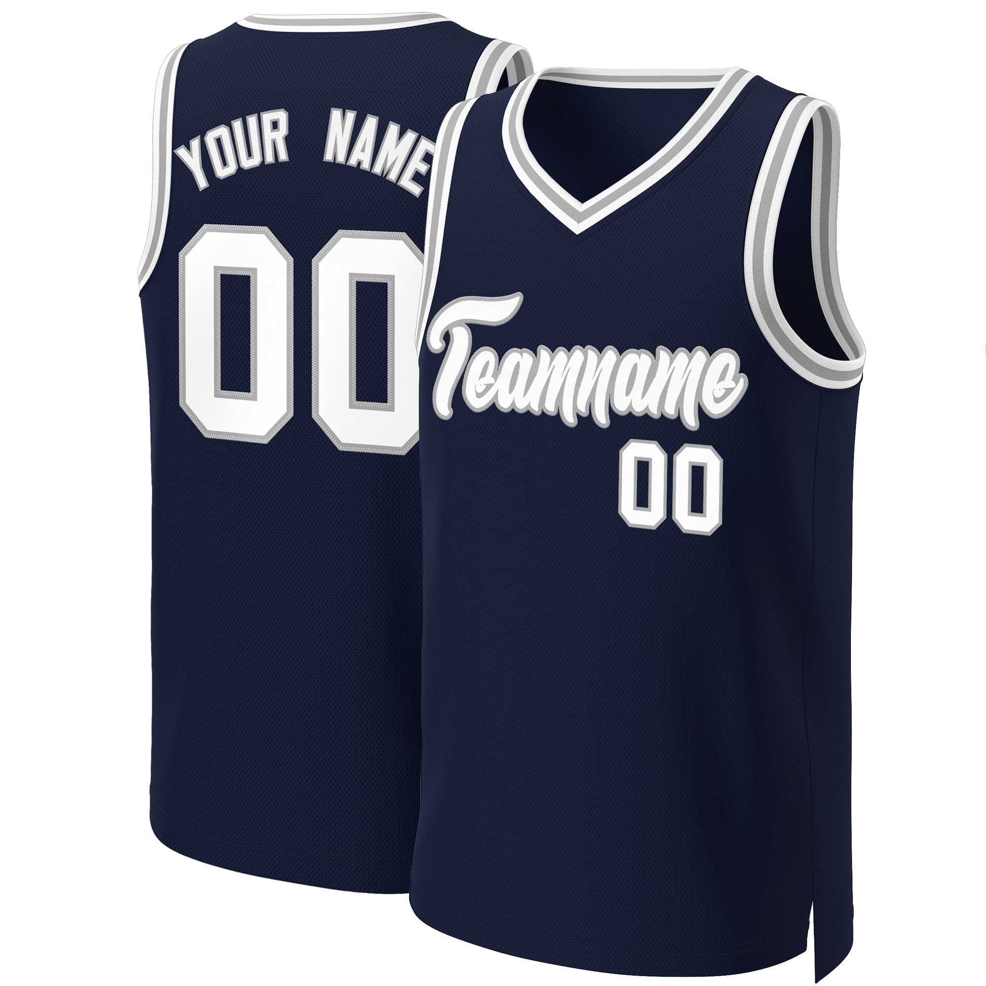 Maillot de basket-ball classique bleu marine, blanc et gris, personnalisé