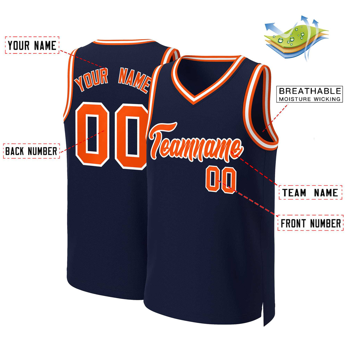 Maillot de basket-ball classique personnalisé bleu marine orange et blanc
