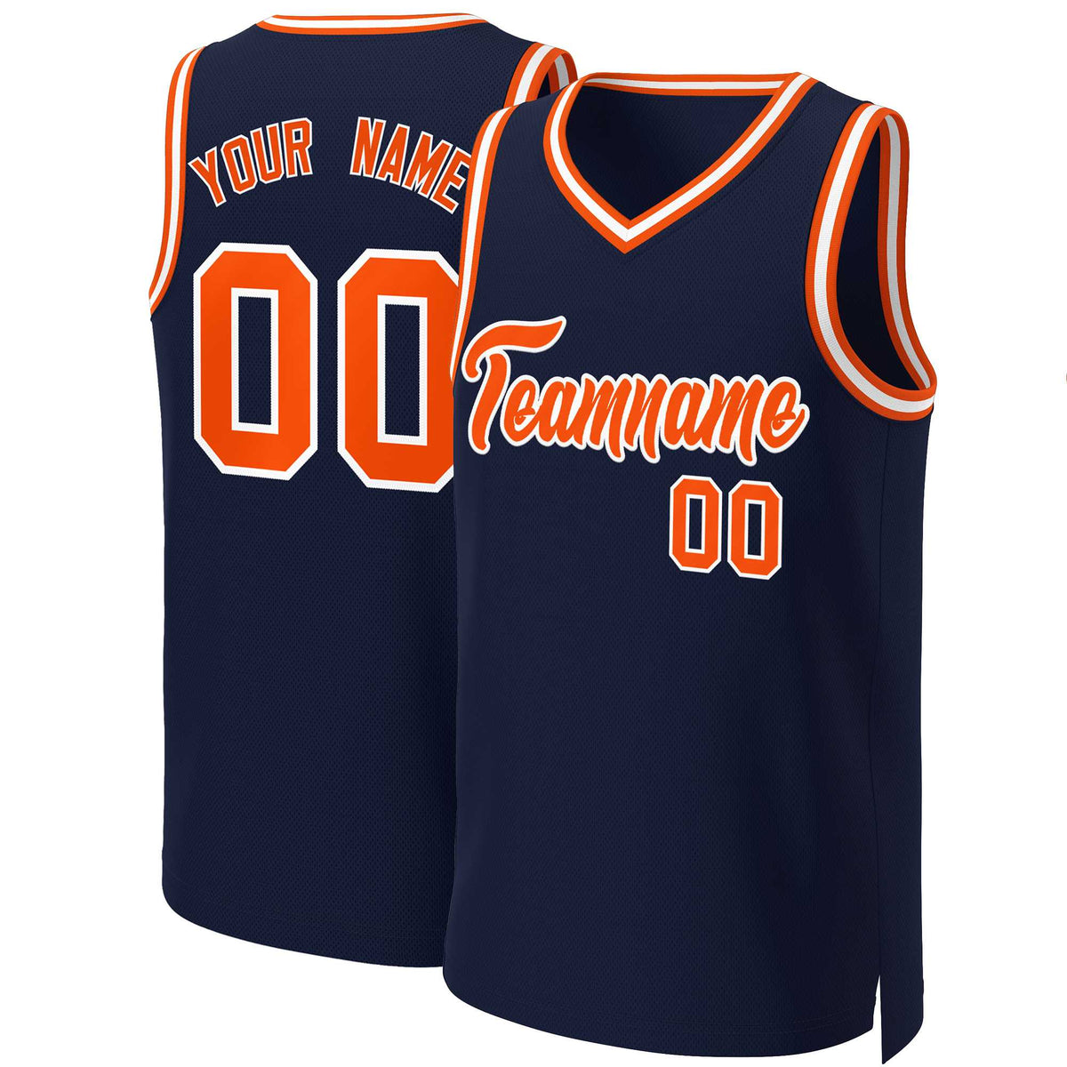 Maillot de basket-ball classique personnalisé bleu marine orange et blanc