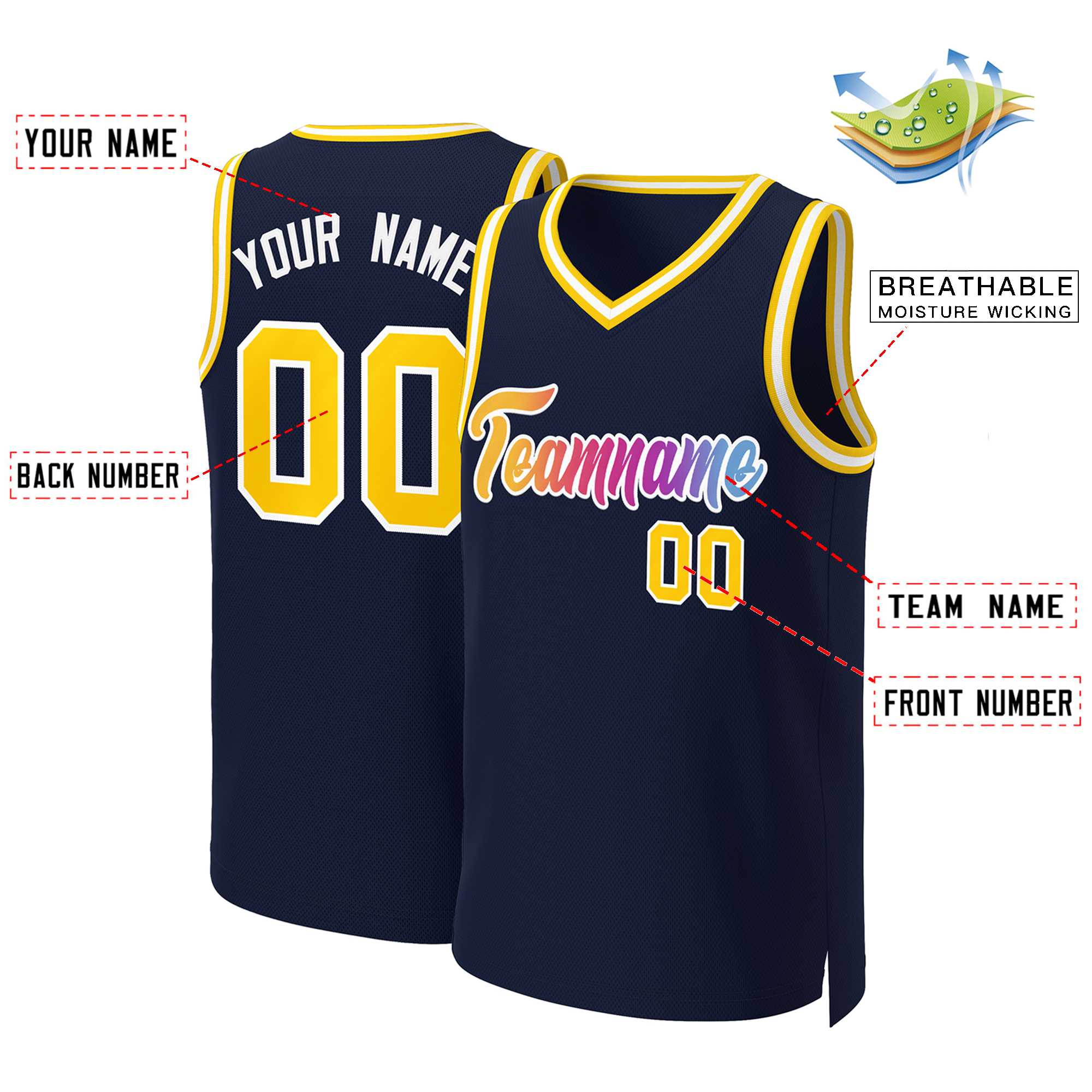 Maillot de basket-ball personnalisé bleu marine jaune-blanc classique dégradé de mode