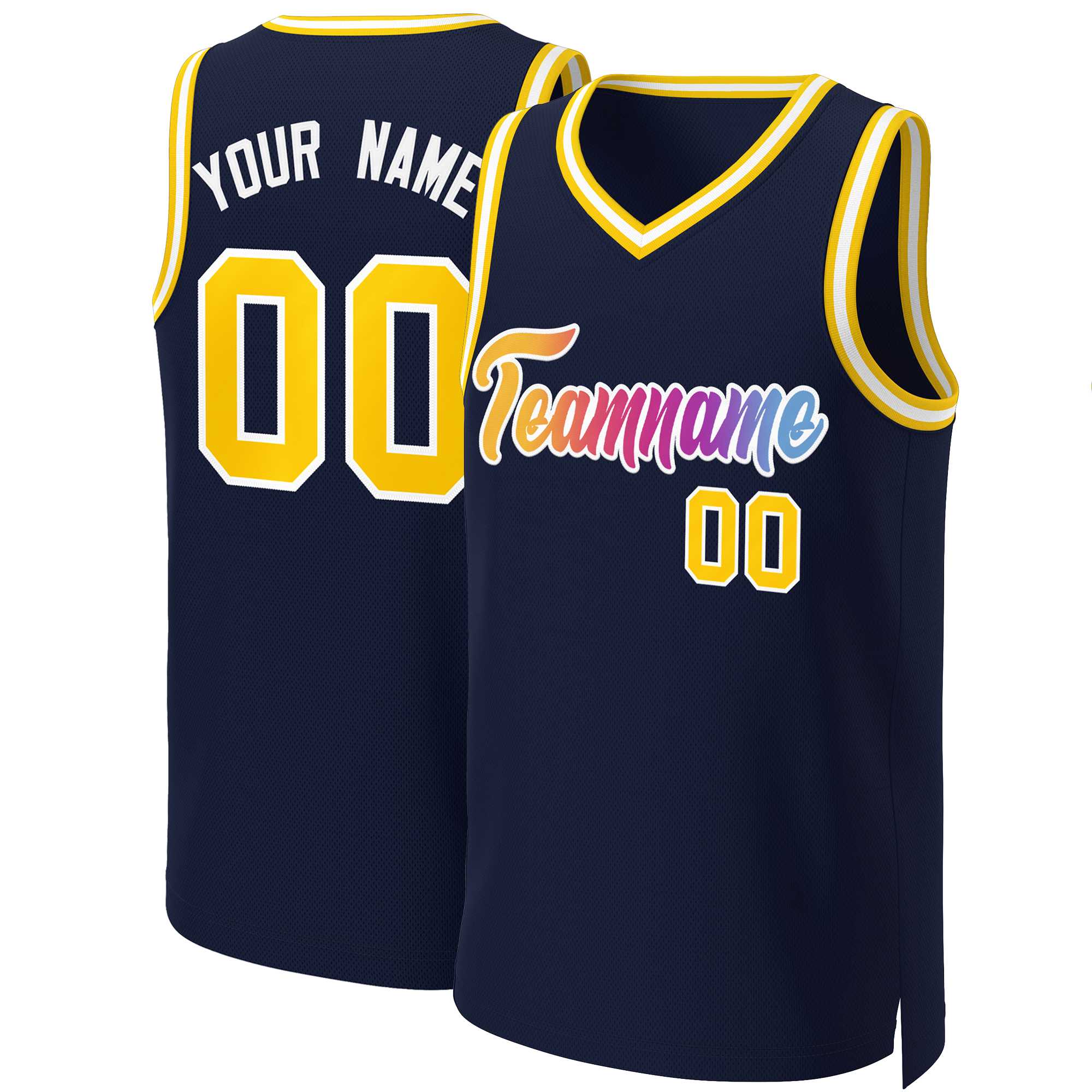 Maillot de basket-ball personnalisé bleu marine jaune-blanc classique dégradé de mode