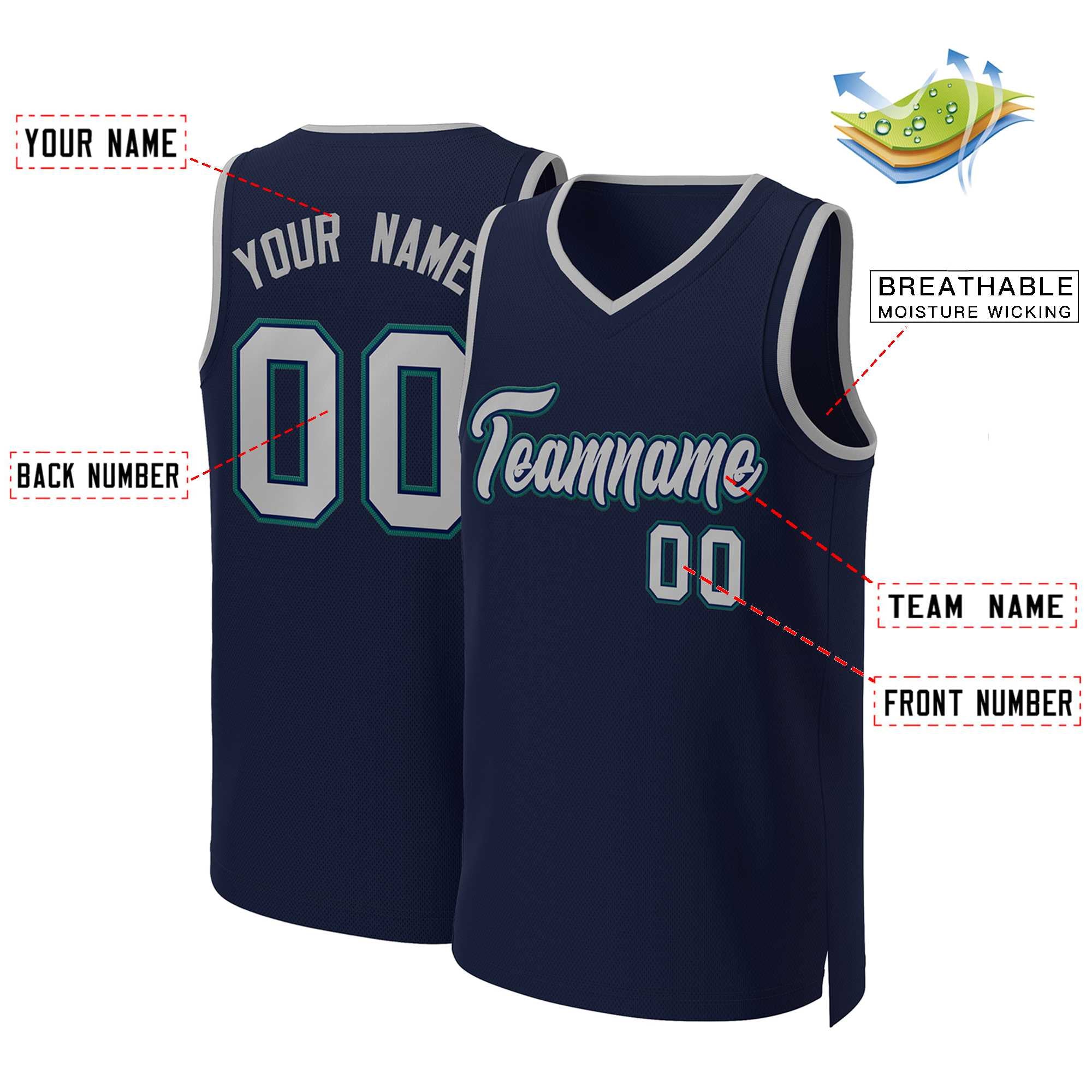 Maillot de basket-ball classique personnalisé bleu marine gris-bleu marine