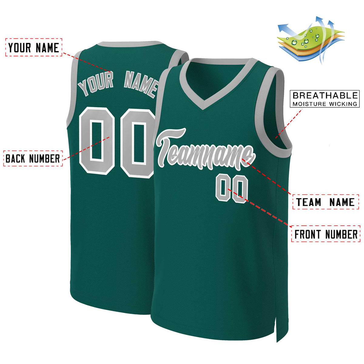 Maillot de basket-ball classique personnalisé Aqua gris-blanc
