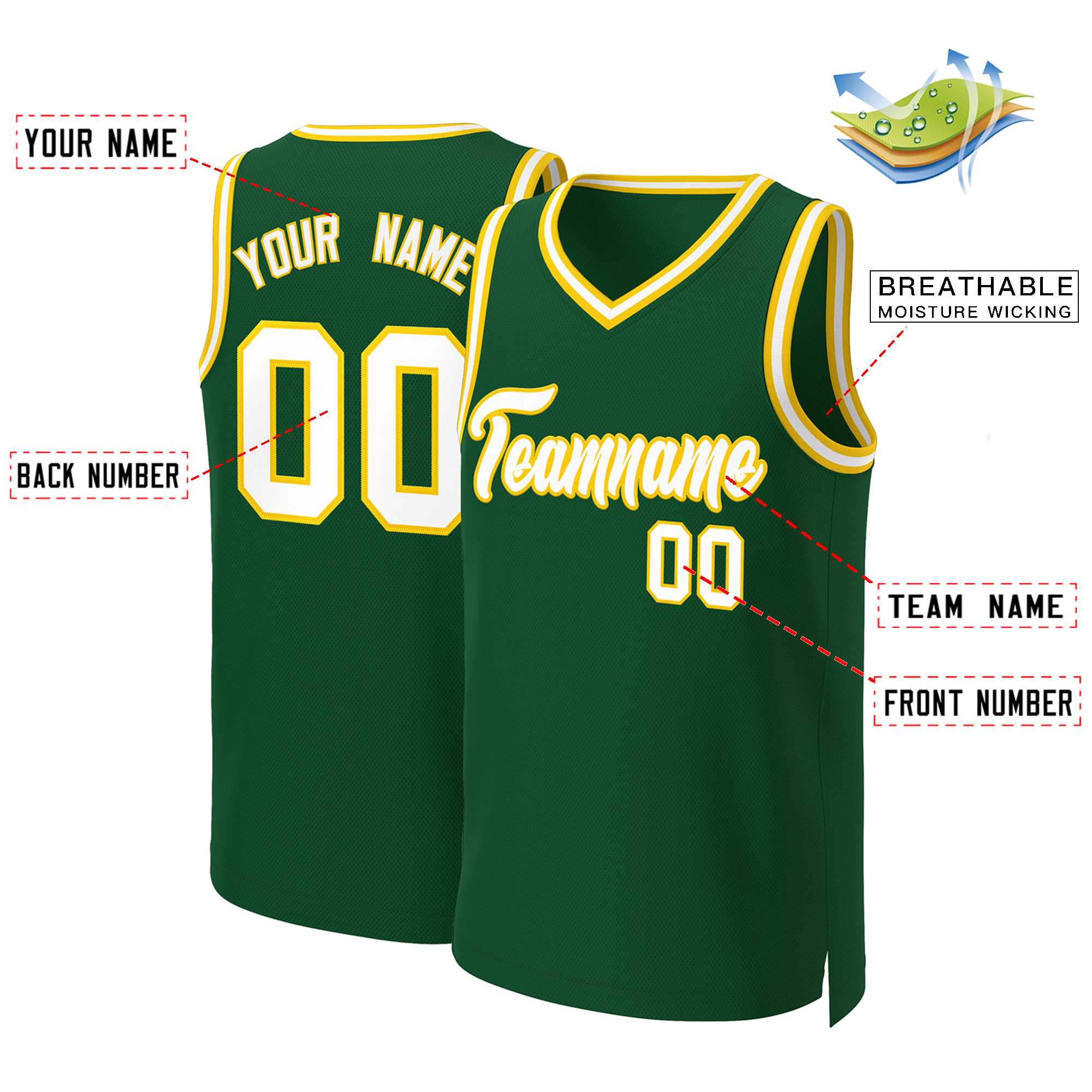 Benutzerdefinierte grün weiß-goldene klassische Tops Basketball Jersey