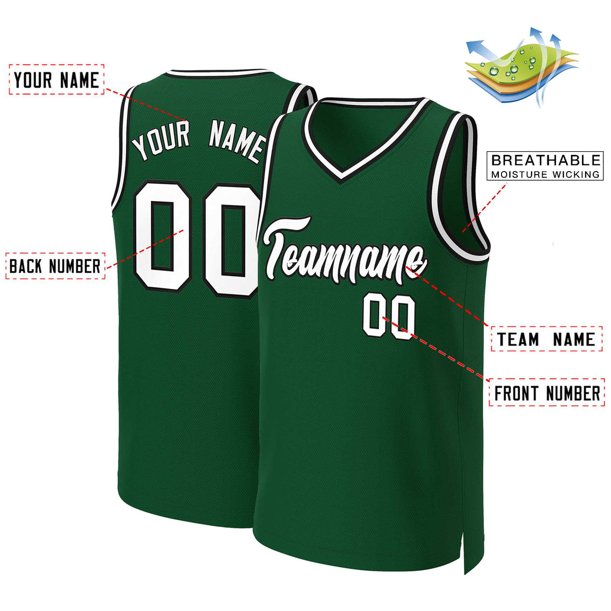 Maillot de basket-ball classique personnalisé vert, blanc et noir