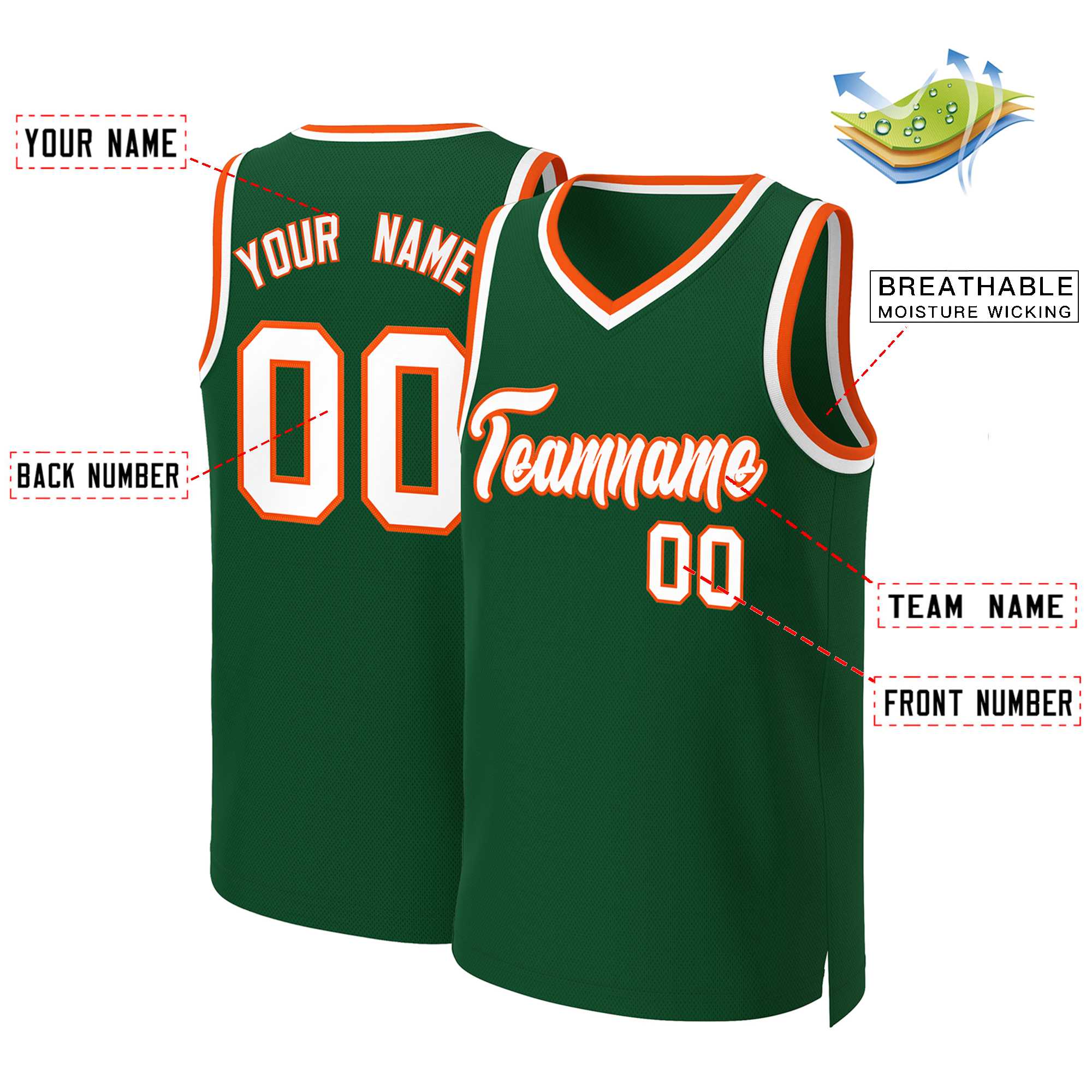 Benutzerdefinierte grün weiß-orange Classic Tops Basketball Jersey