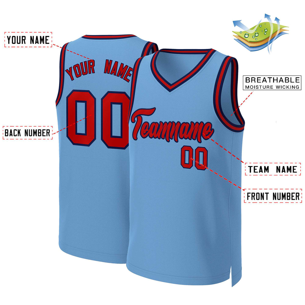 Custom Light Blue Red-Navy Classic Tops Basketball Jersey