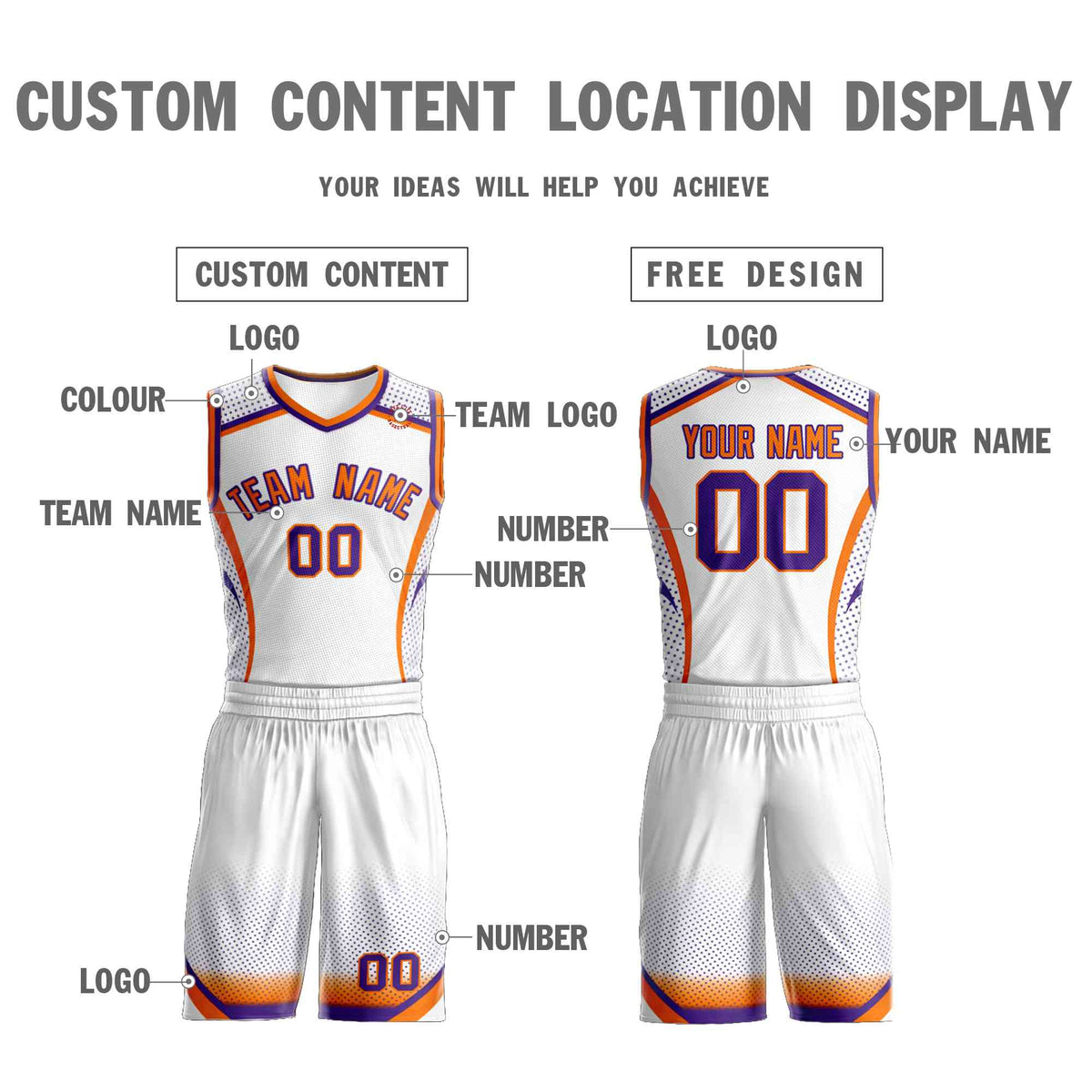 Custom White Orange-Purple Graffiti Pattern Sets Points Element Basketball Jersey