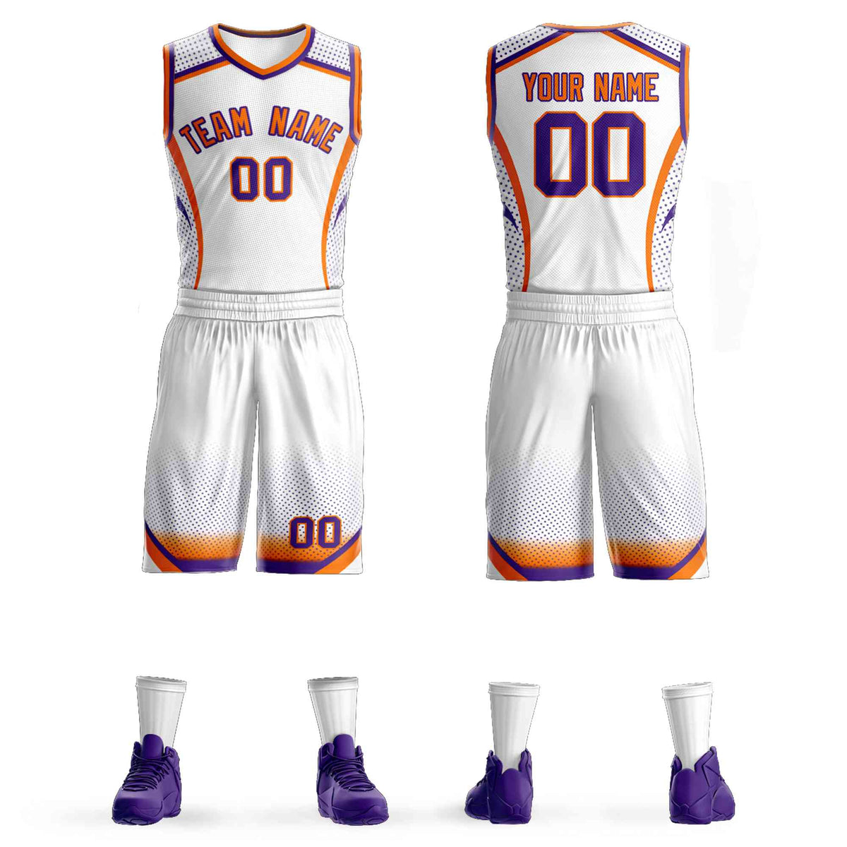 Custom White Orange-Purple Graffiti Pattern Sets Points Element Basketball Jersey