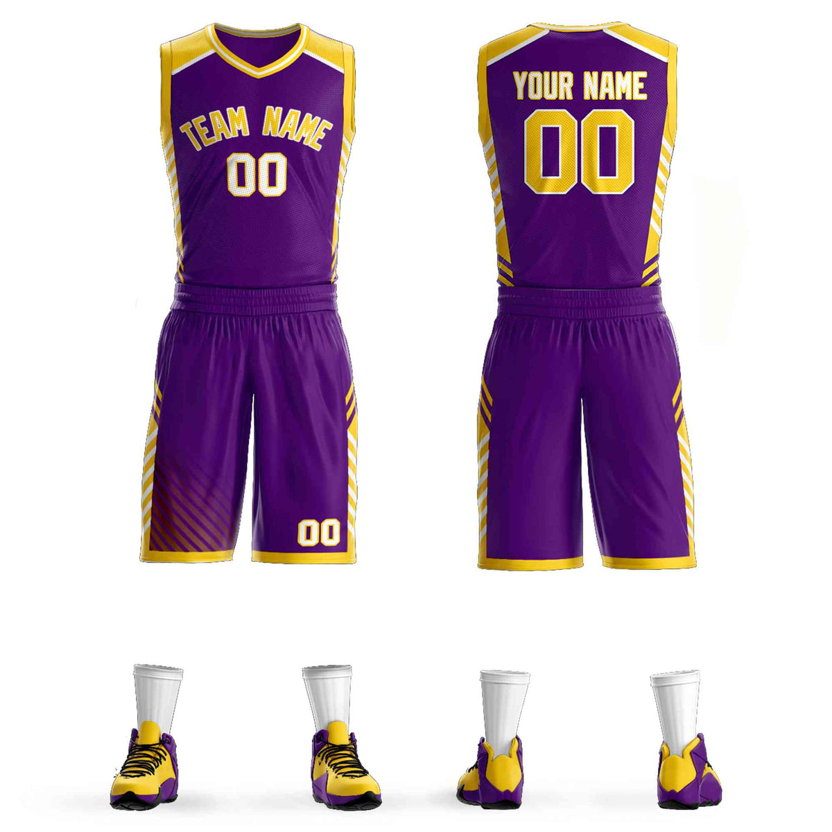 Custom Purple Gold-White Graffiti Pattern Kits Bar Element Basketball Jersey
