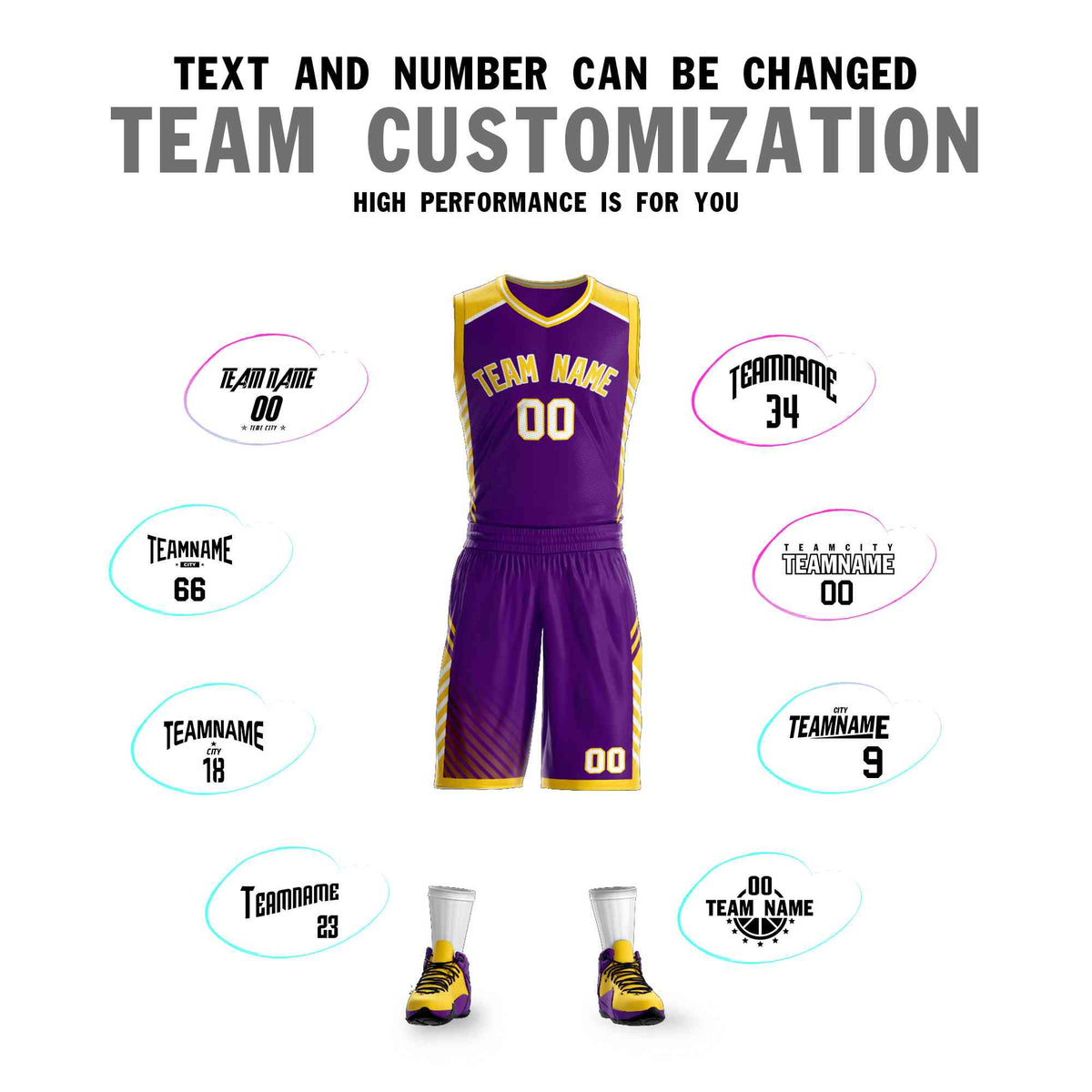 Custom Purple Gold-White Graffiti Pattern Kits Bar Element Basketball Jersey