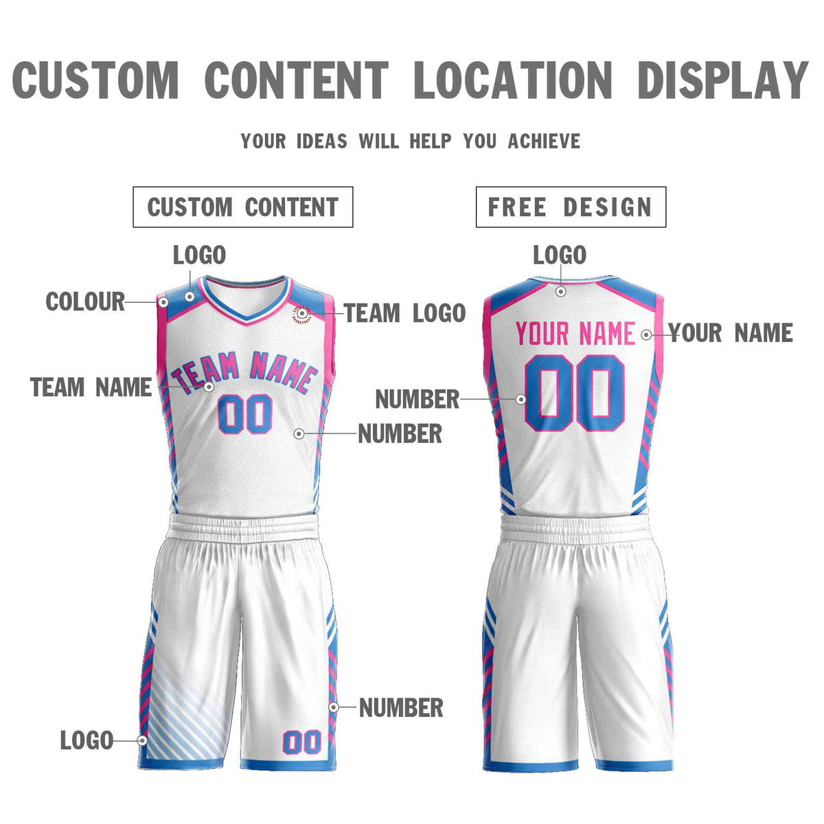 Custom White Pink-Powder Blue Graffiti Pattern Kits Bar Element Basketball Jersey