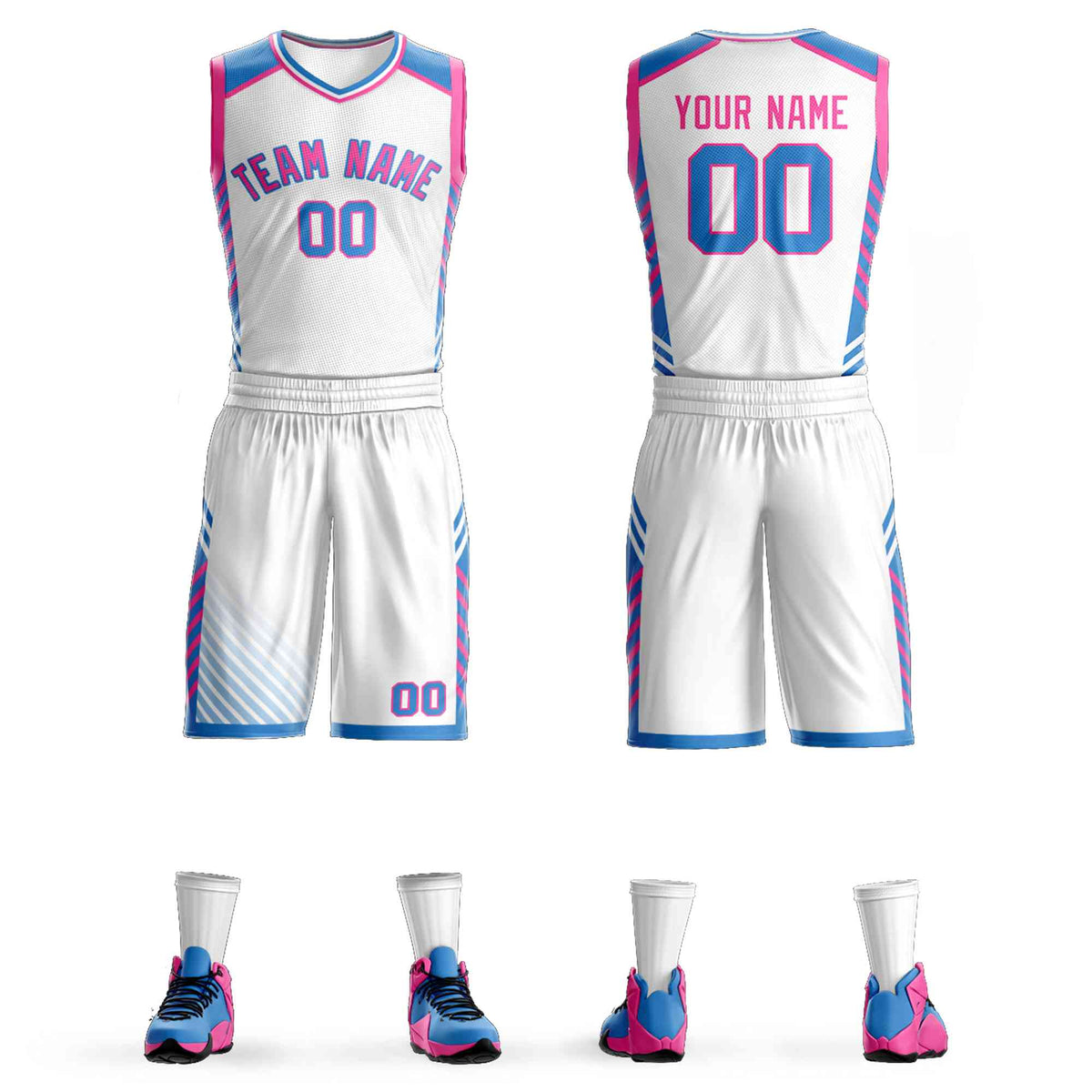 Custom White Pink-Powder Blue Graffiti Pattern Kits Bar Element Basketball Jersey