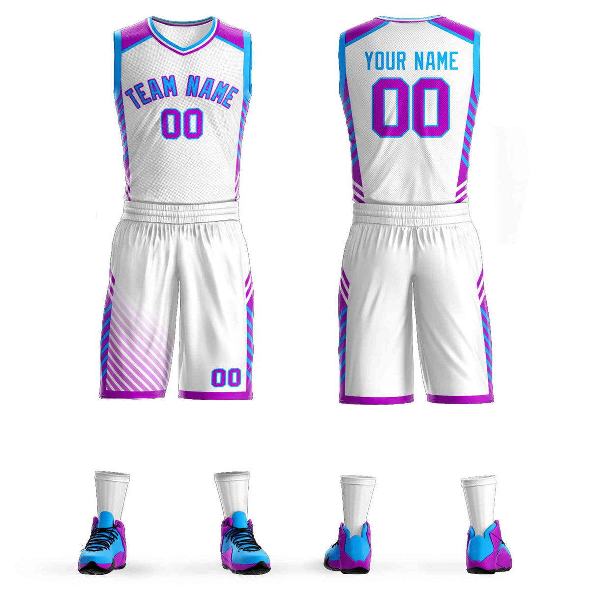 Custom White Powder Blue-Purple Graffiti Pattern Kits Bar Element Basketball Jersey