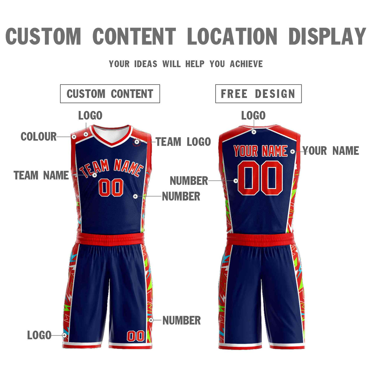Custom Navy Red-White Graffiti Pattern Kits Lightning Basketball Jersey