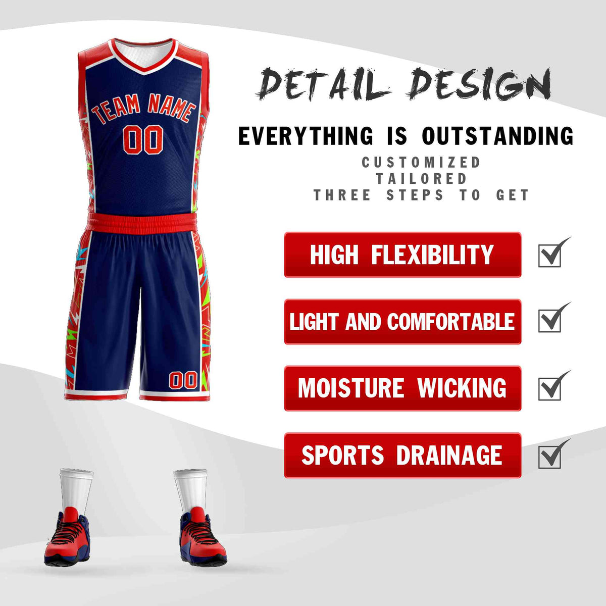 Custom Navy Red-White Graffiti Pattern Kits Lightning Basketball Jersey