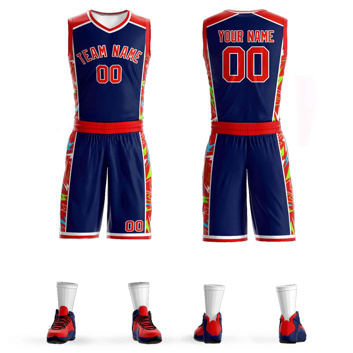 Custom Navy Red-White Graffiti Pattern Kits Lightning Basketball Jersey
