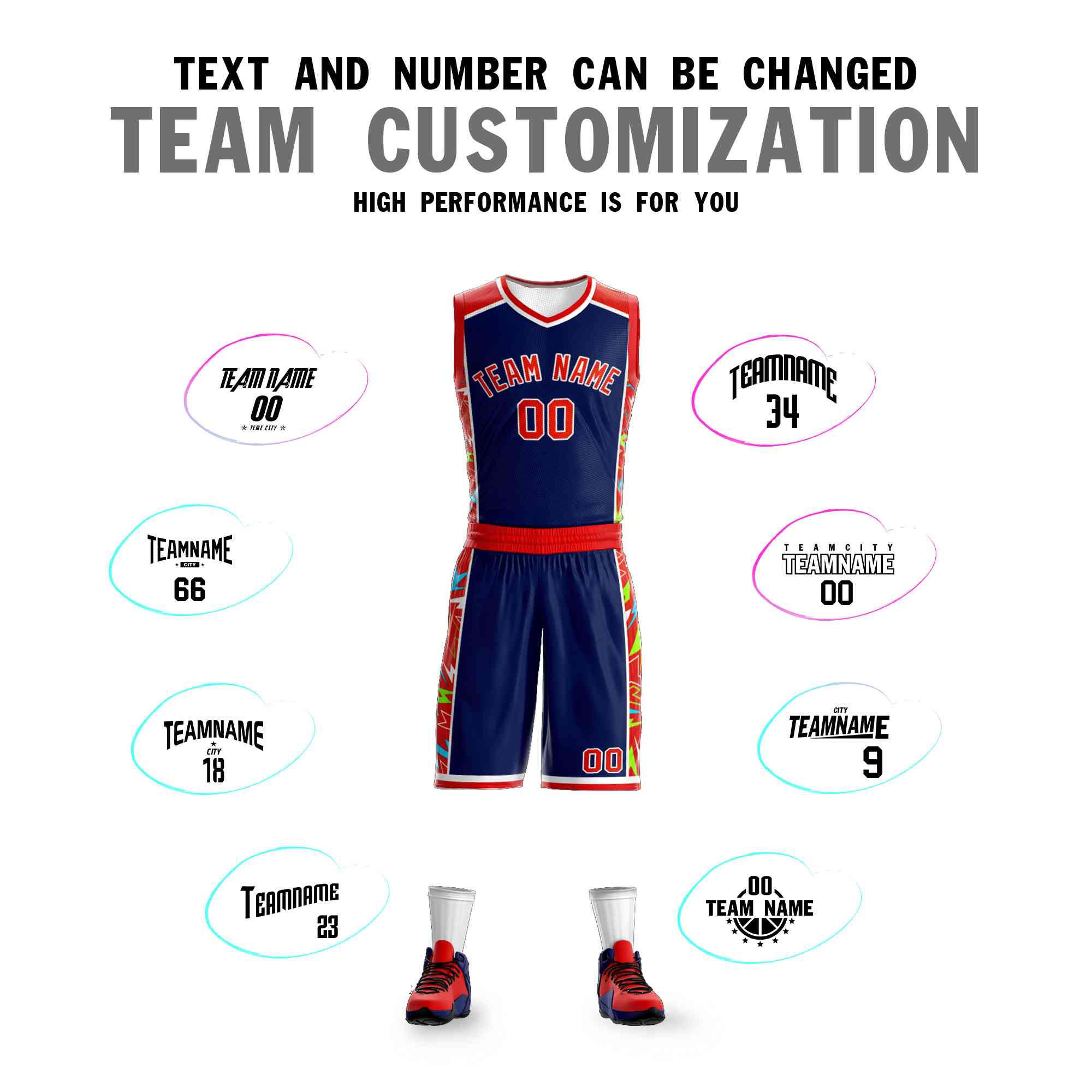 Custom Navy Red-White Graffiti Pattern Kits Lightning Basketball Jersey