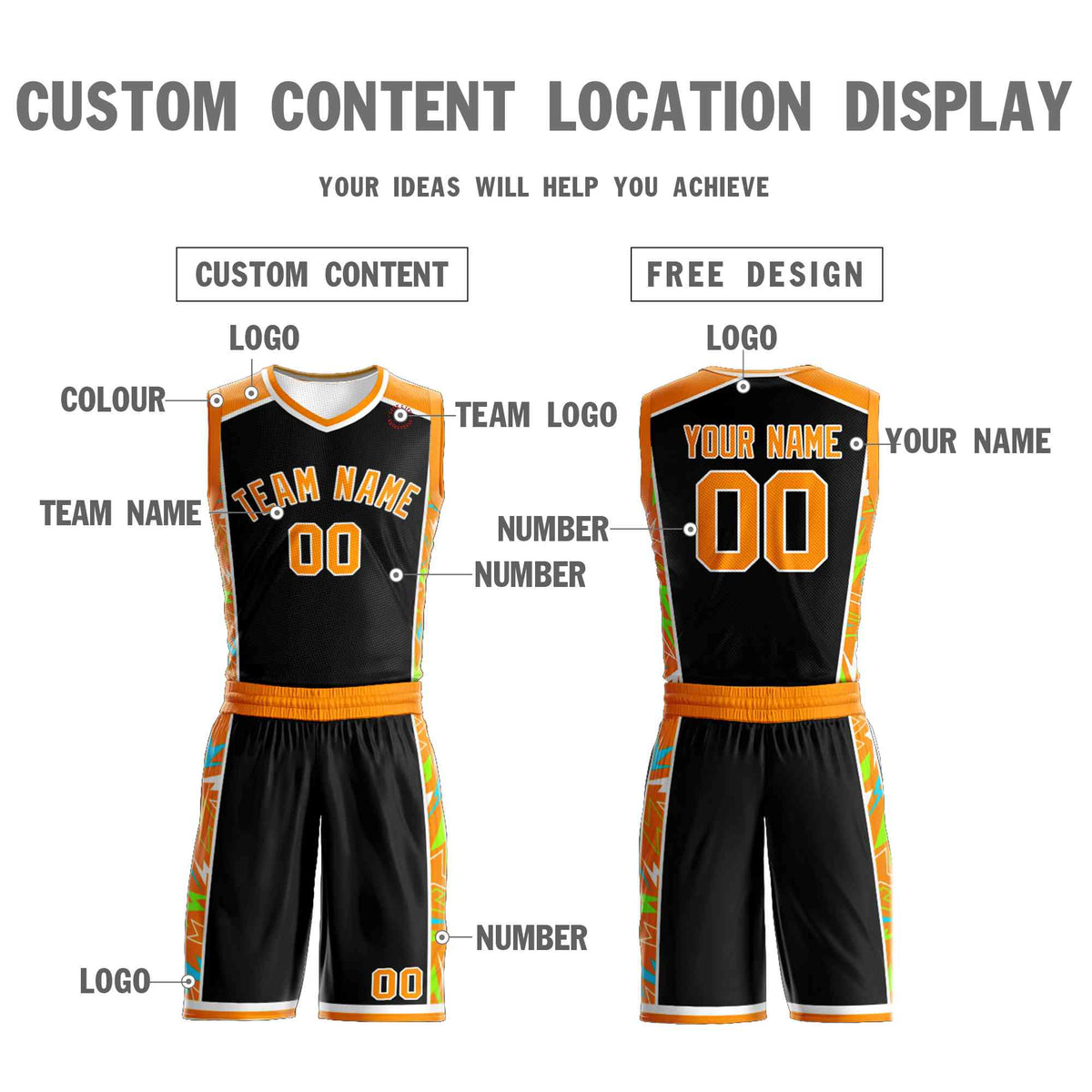 Custom Black Orange-White Graffiti Pattern Kits Lightning Basketball Jersey