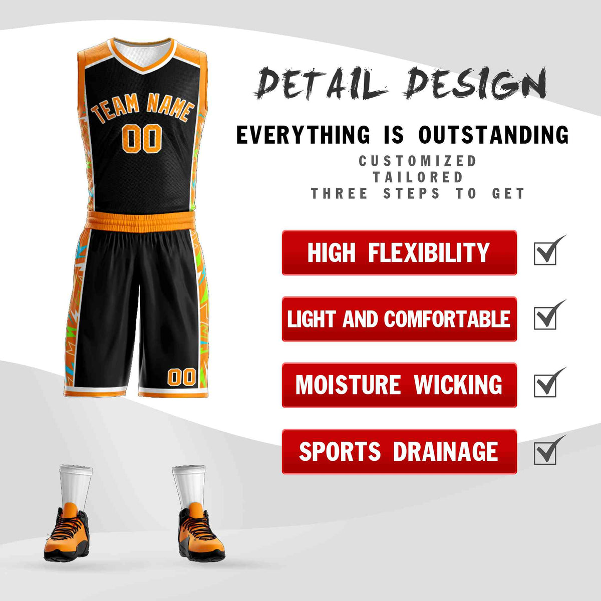 Custom Black Orange-White Graffiti Pattern Kits Lightning Basketball Jersey