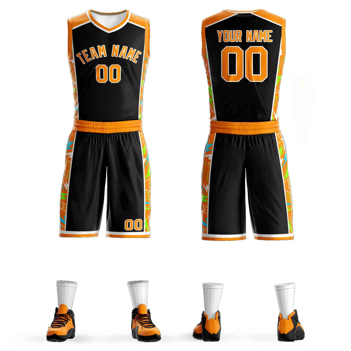 Custom Black Orange-White Graffiti Pattern Kits Lightning Basketball Jersey