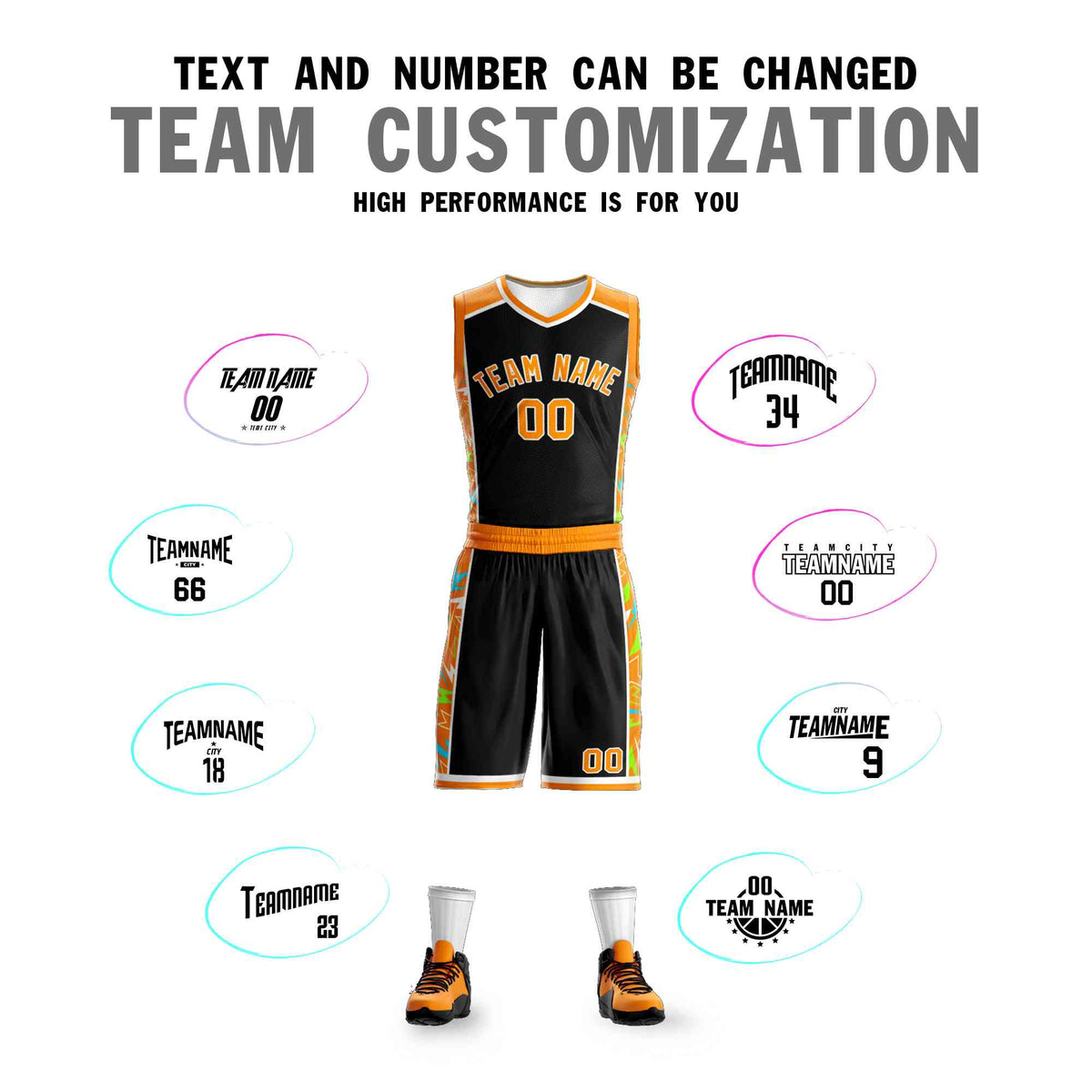 Custom Black Orange-White Graffiti Pattern Kits Lightning Basketball Jersey