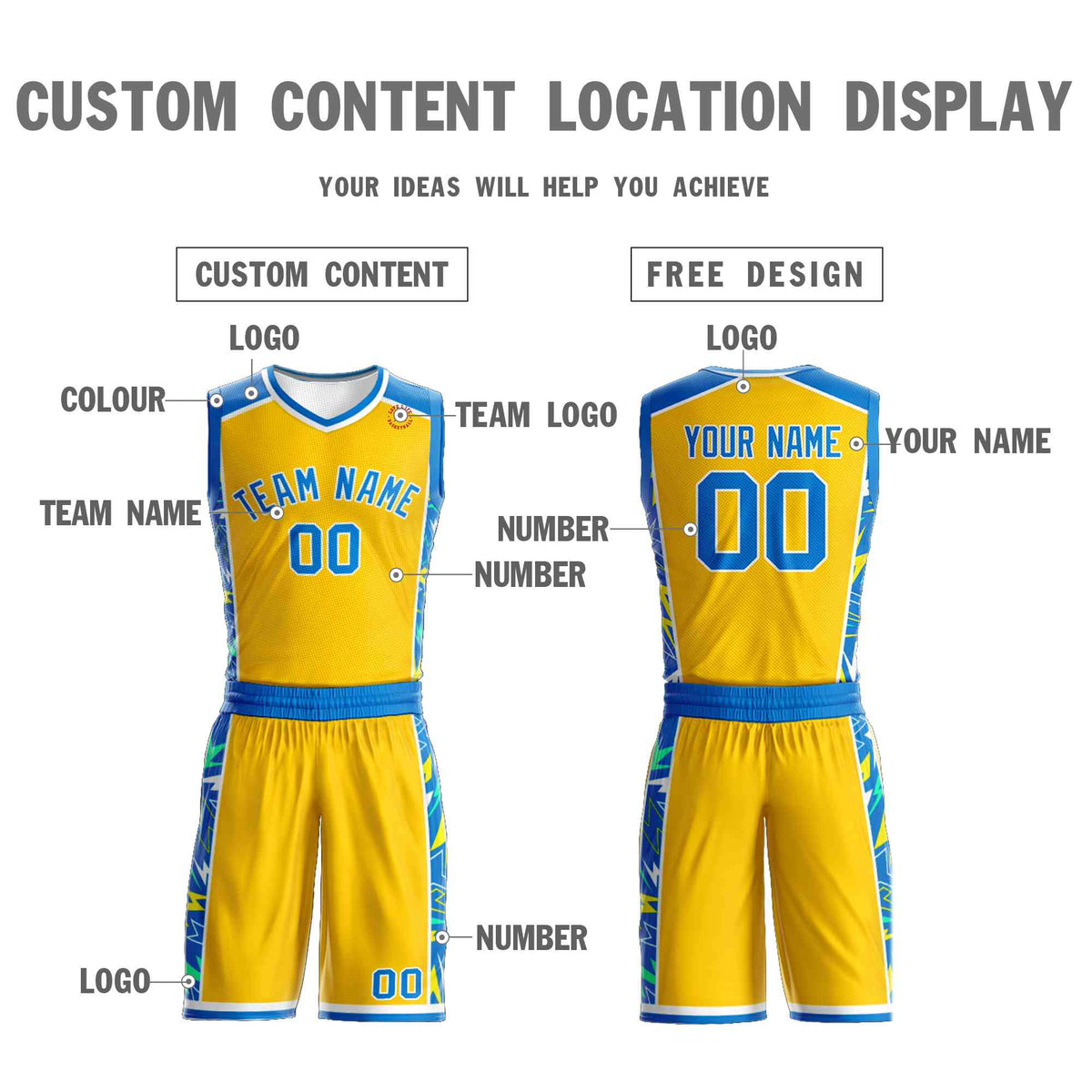 Custom Yellow Royal-White Graffiti Pattern Kits Lightning Basketball Jersey