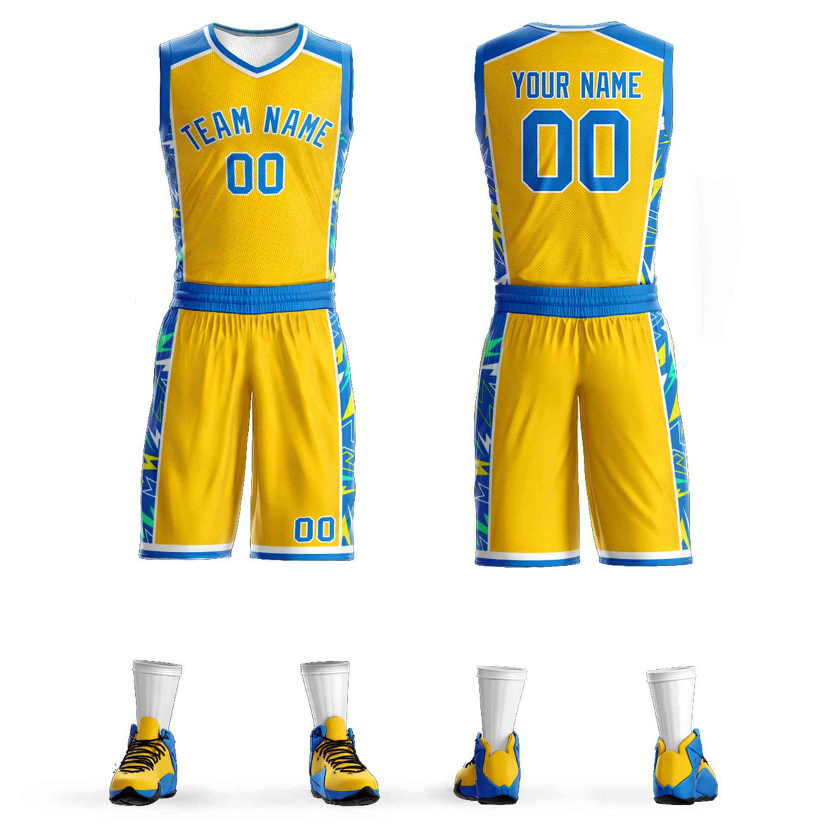 Custom Yellow Royal-White Graffiti Pattern Kits Lightning Basketball Jersey