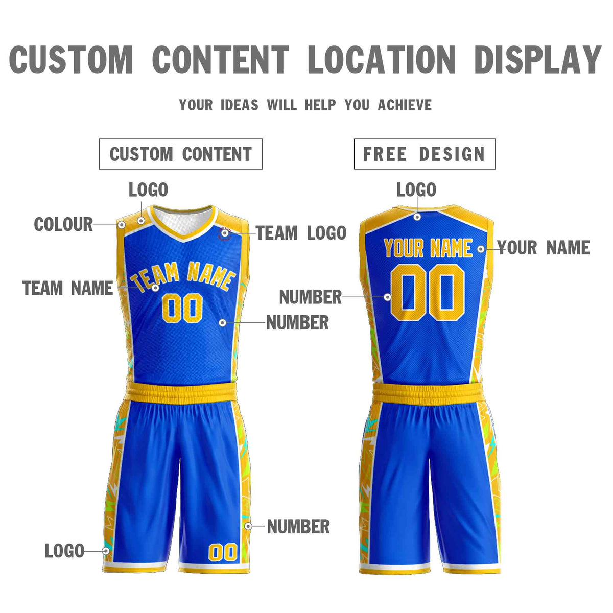 Custom Royal Gold-White Graffiti Pattern Kits Lightning Basketball Jersey