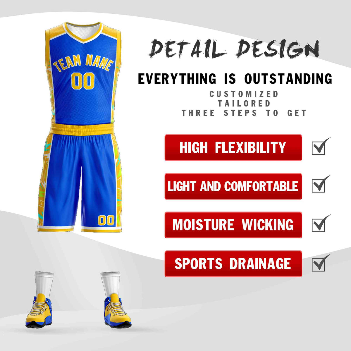 Custom Royal Gold-White Graffiti Pattern Kits Lightning Basketball Jersey